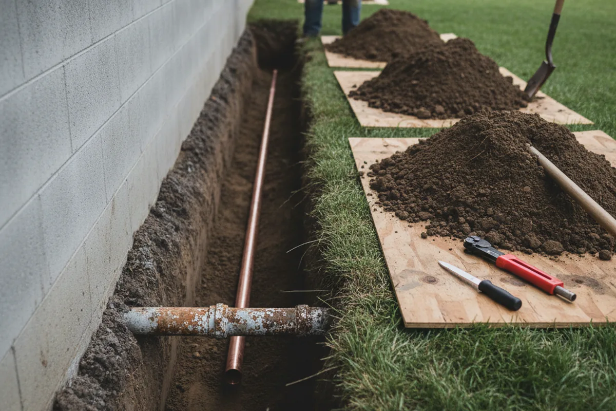 Excavated water line trench during Water Softener Installation in Monument Beach